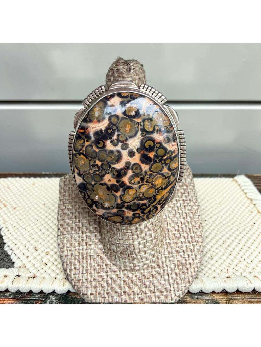 Navajo-Made Sterling Silver Leopard Skin Agate Statement Ring-6